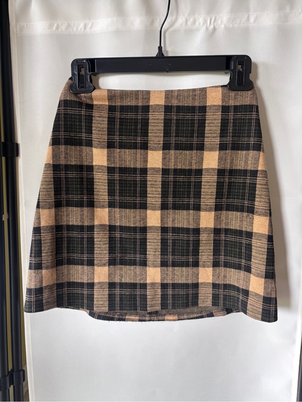 Reformation Plaid Mini Skirt in Beige and Black